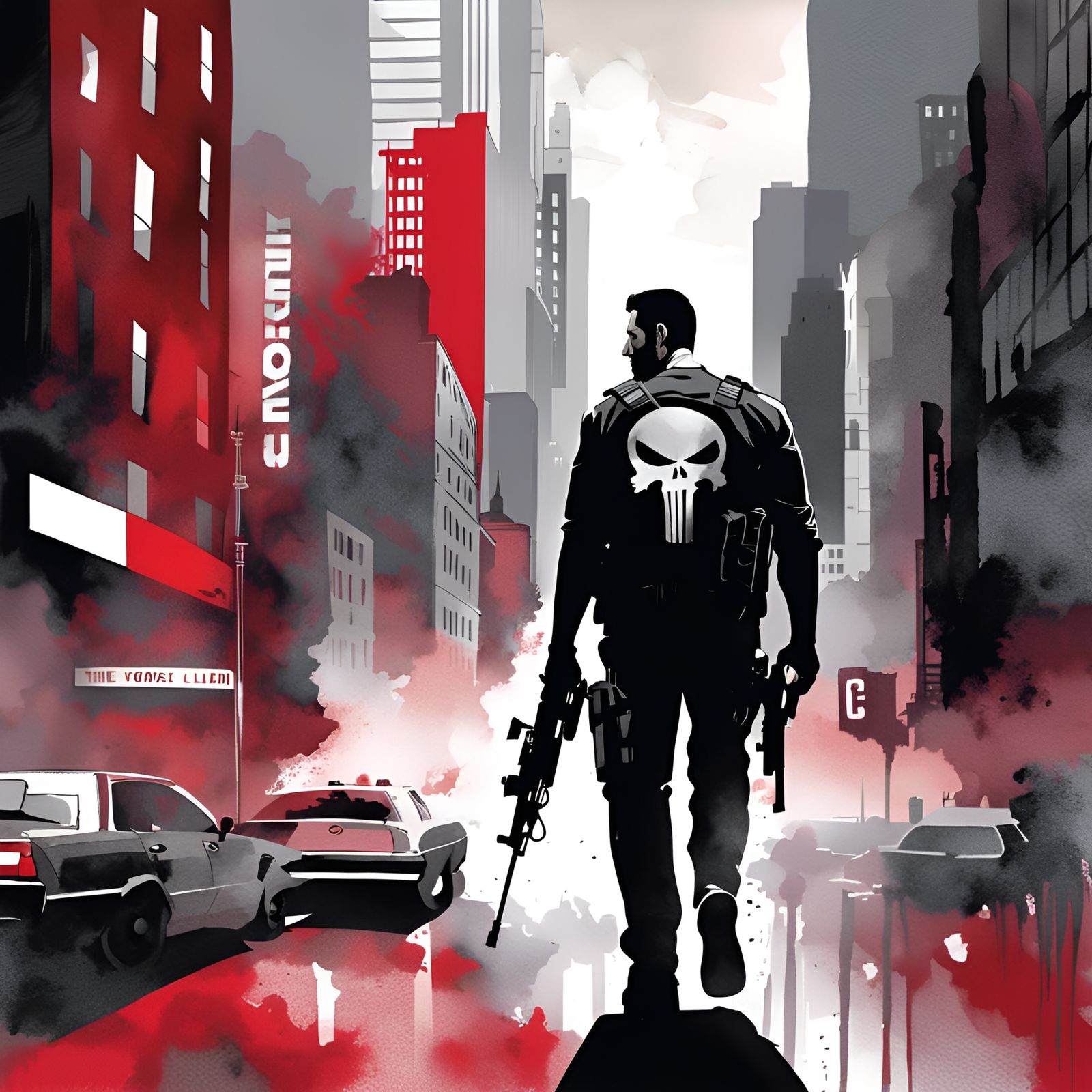 The Punisher in New York: Faded Watercolor Illustration