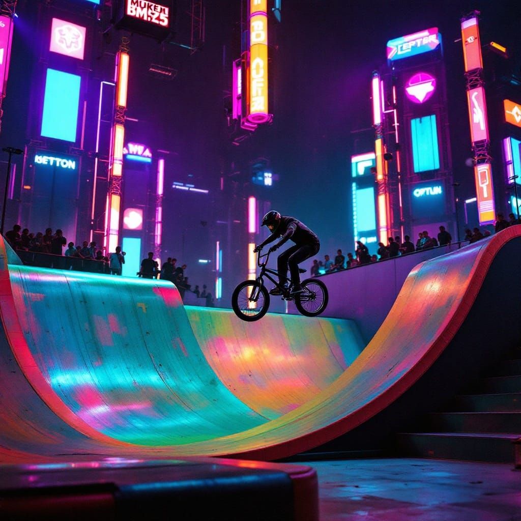 BMX Rider in Neon-Lit Skate Park, Inspired by Syd Mead