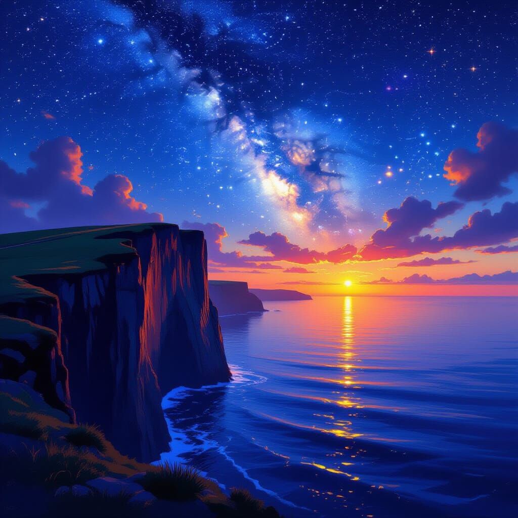 Panoramic Seascape with Dramatic Cliffs and Starry Twilight ...