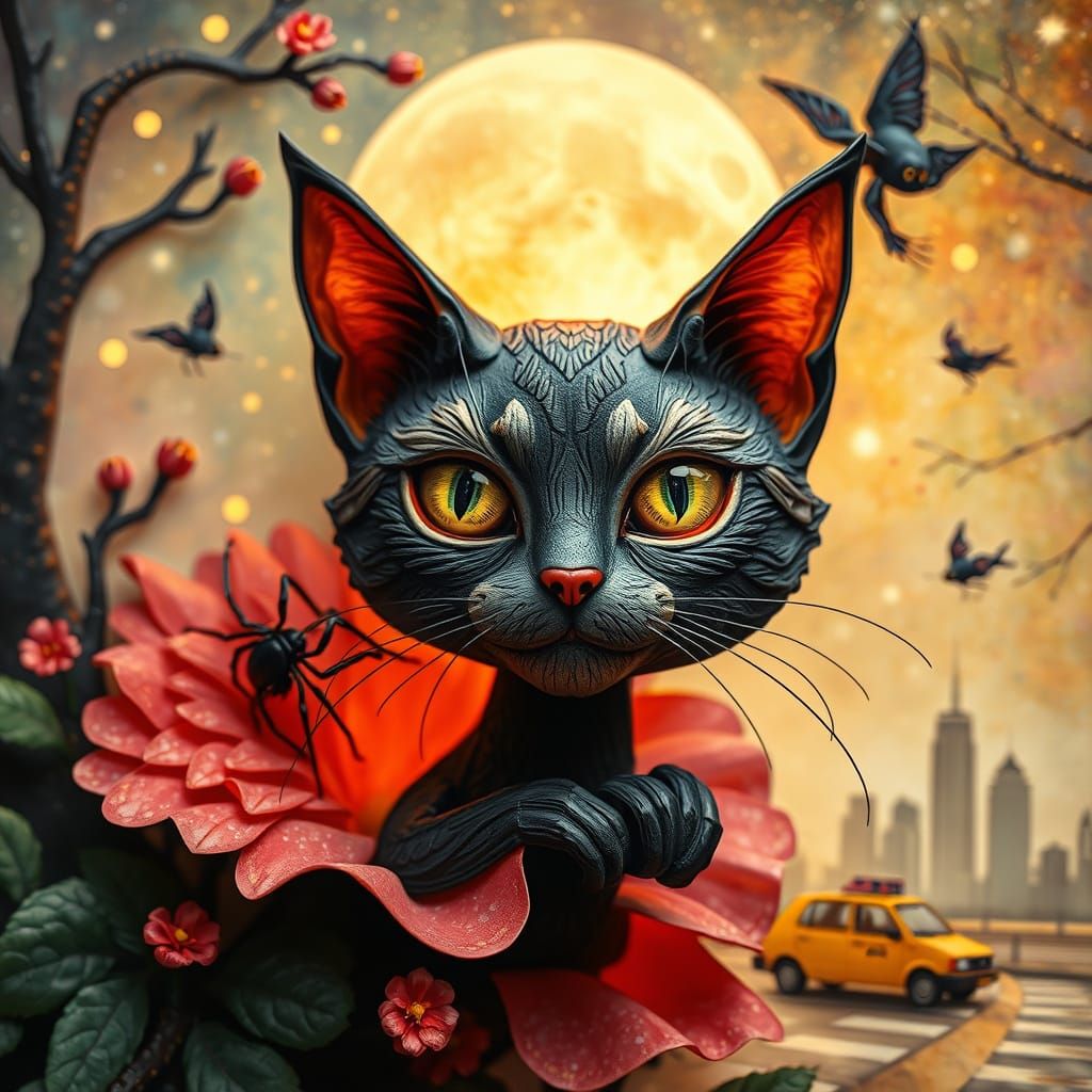Surreal Woman-Cat in Mas-Surrealism Art Style, Blending Real...