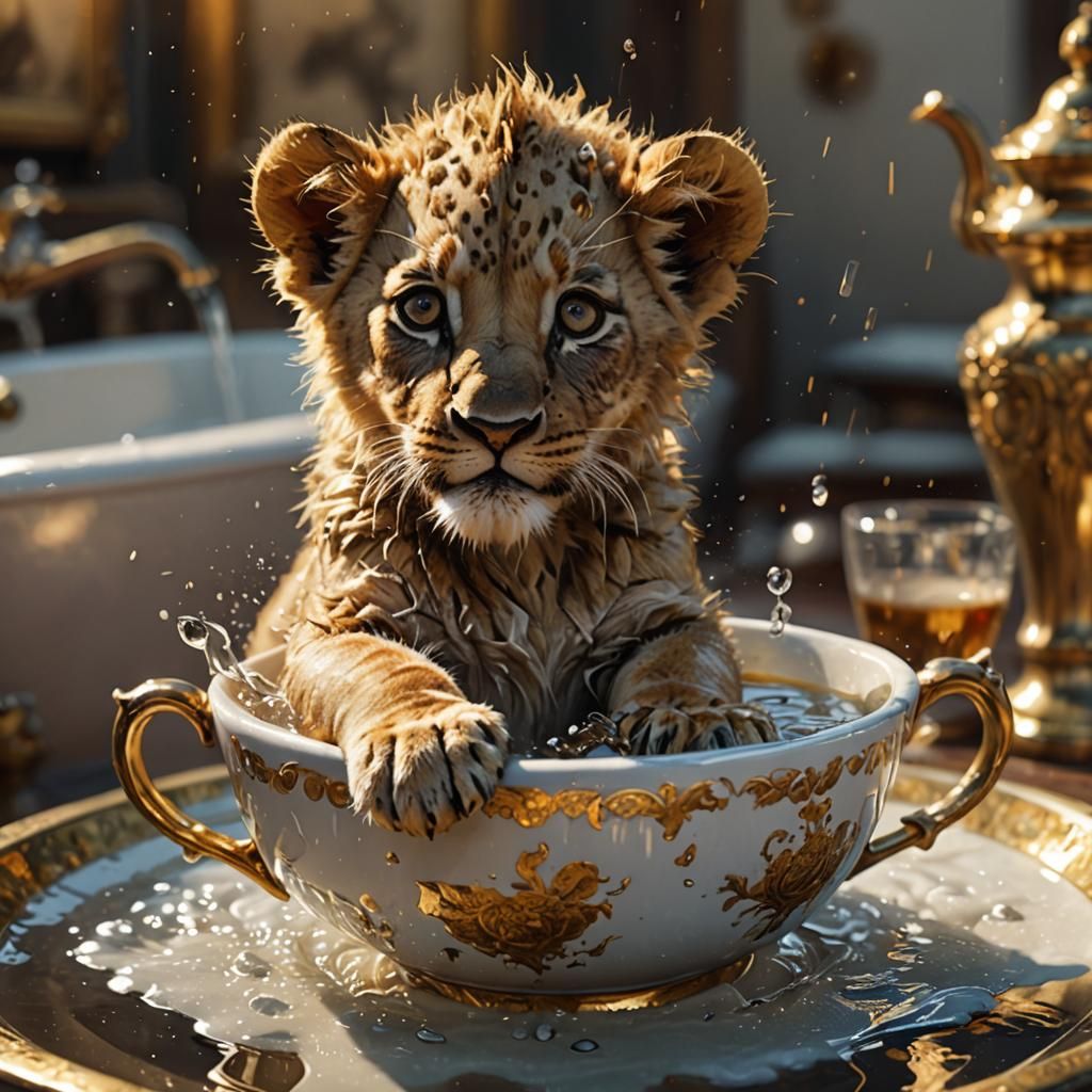 Cute little lion cub having a bath in a finely decorated tea...