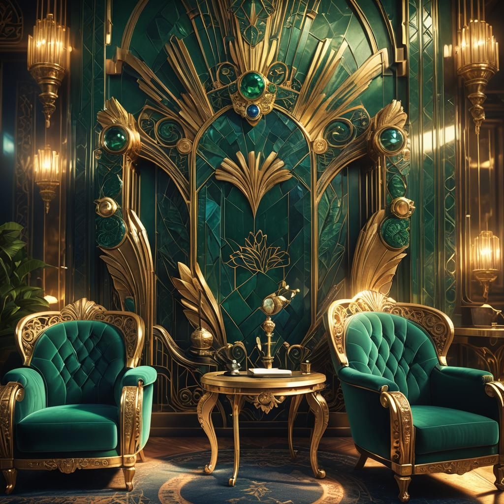 Art Deco Armchairs in Lavish Study, Digital Matte Painting