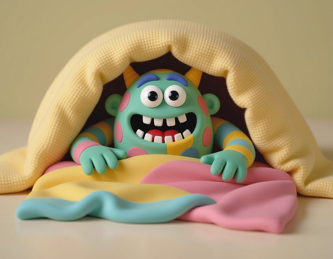 Playful Playdough Monster Peeks Out From Under Bed