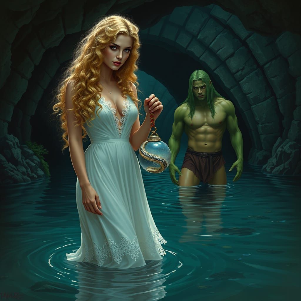 Stunning Woman in Mystical Cave Scene