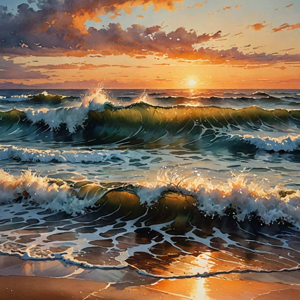 Seascape Sunset Waves in Watercolor Style
