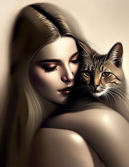 Beautiful Woman and Cat in Watercolor Style