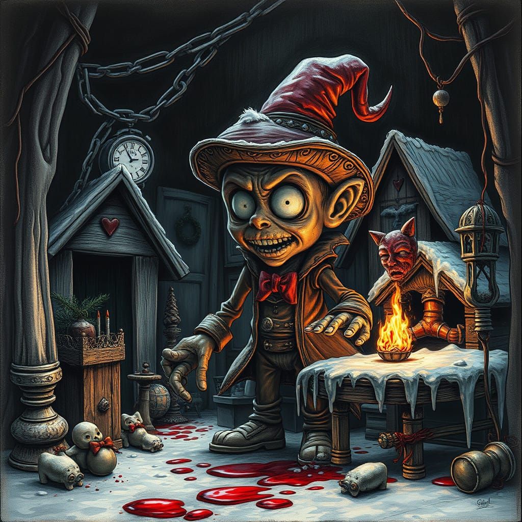 Surreal, Cartoony Christmas Horror in Dark, Whimsical Style