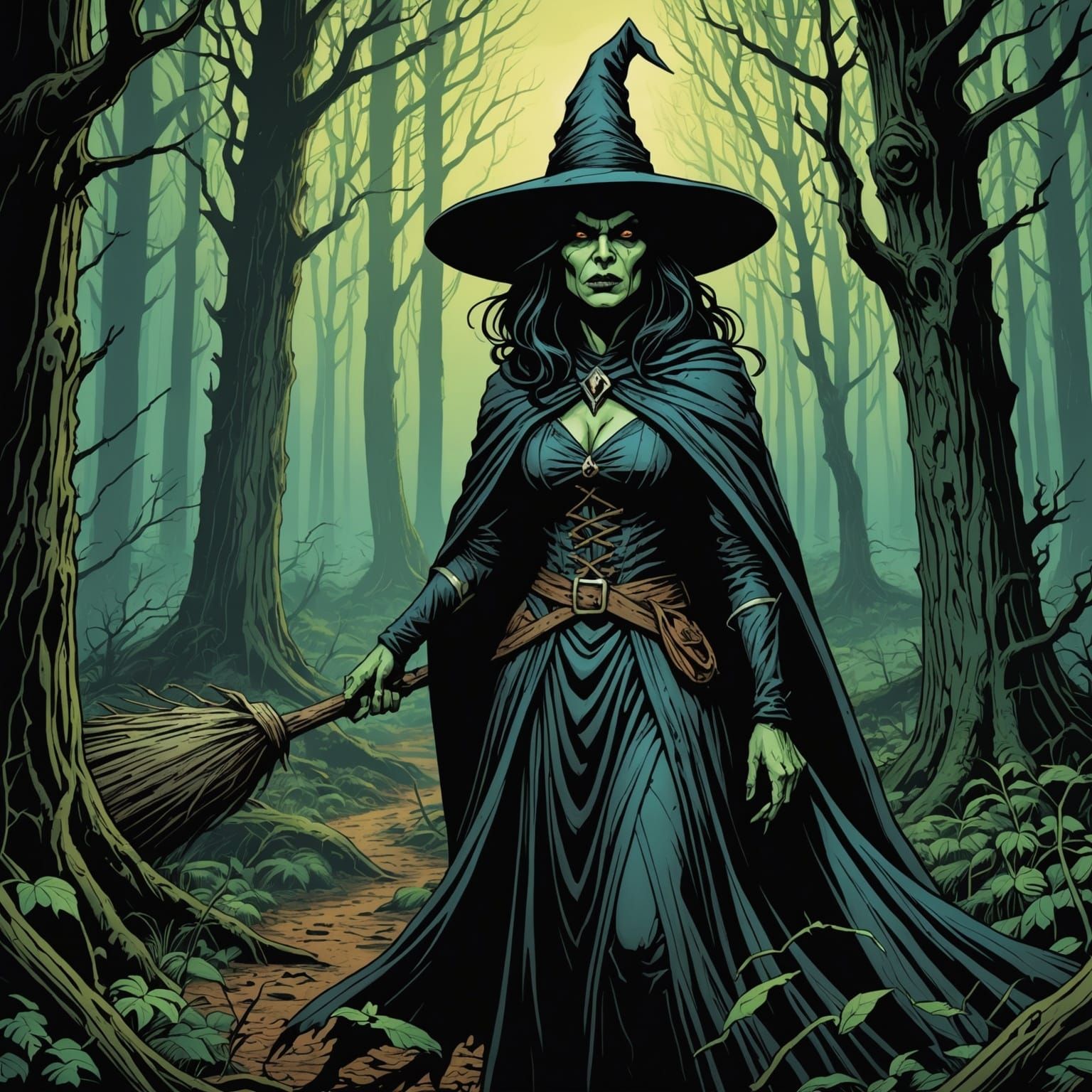 Scary Witch in Forest, Comic Book Art