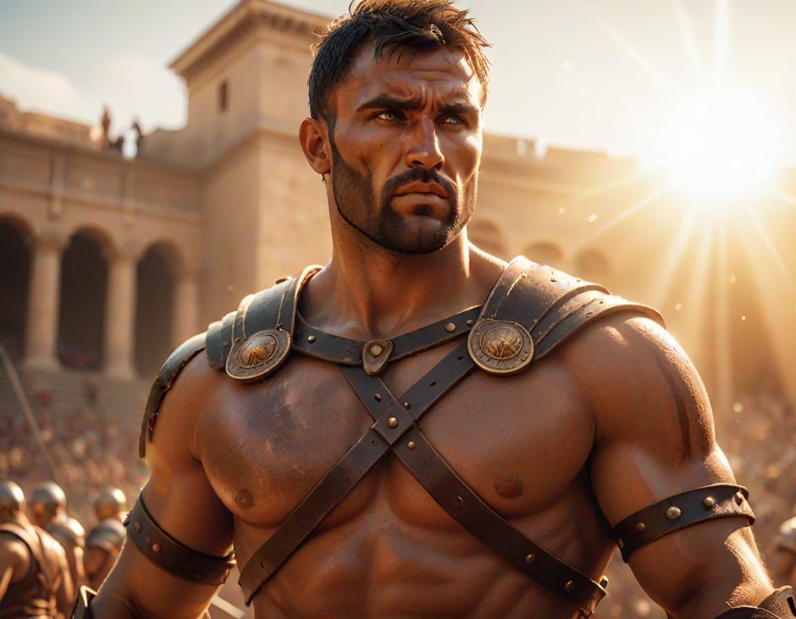 Handsome Gladiator Stands Ready in Ancient Roman Arena
