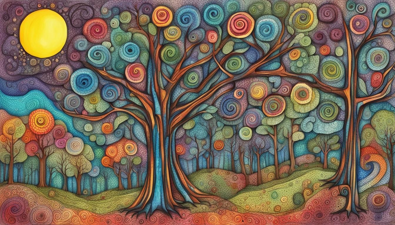 Happy Tree-Man in Moonlit Forest: Zentangle Ink Drawing