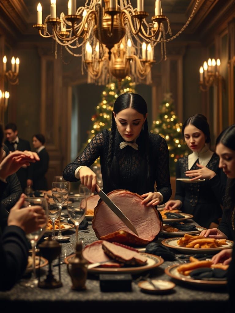 Elegant Wednesday Addams Carves Christmas Ham in Haunting Vi...