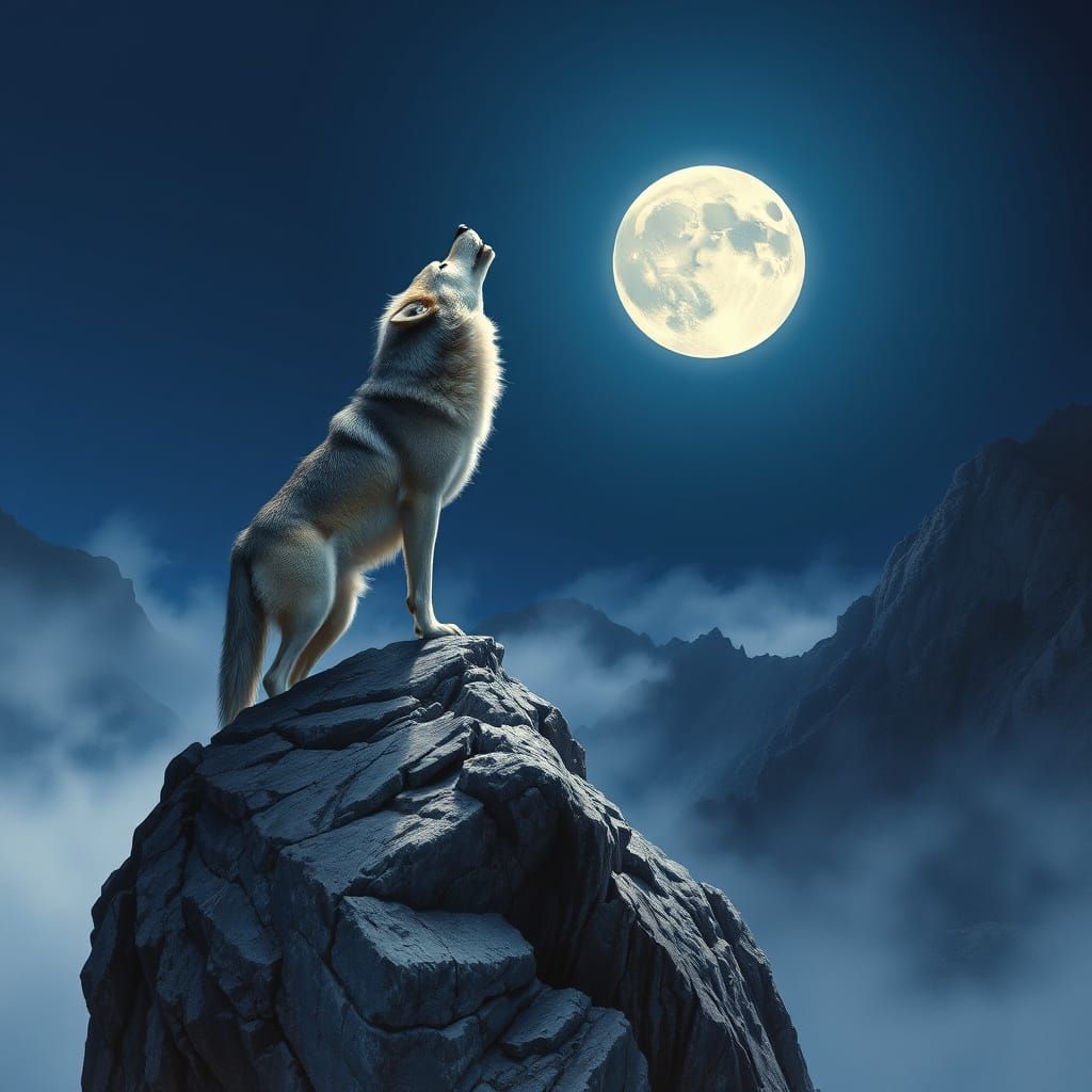 Grey Wolf Howls at Moonlit Cliff in Realistic Landscape Styl...