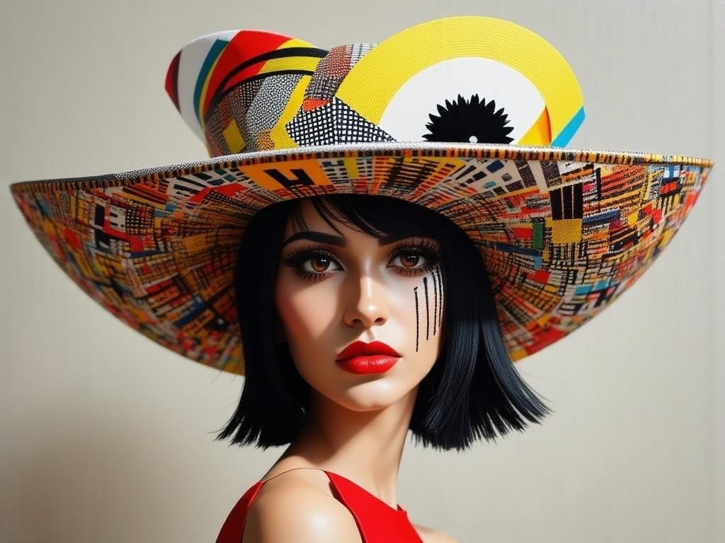 Surrealist Fashion Portrait with Barcode-Inspired Hat