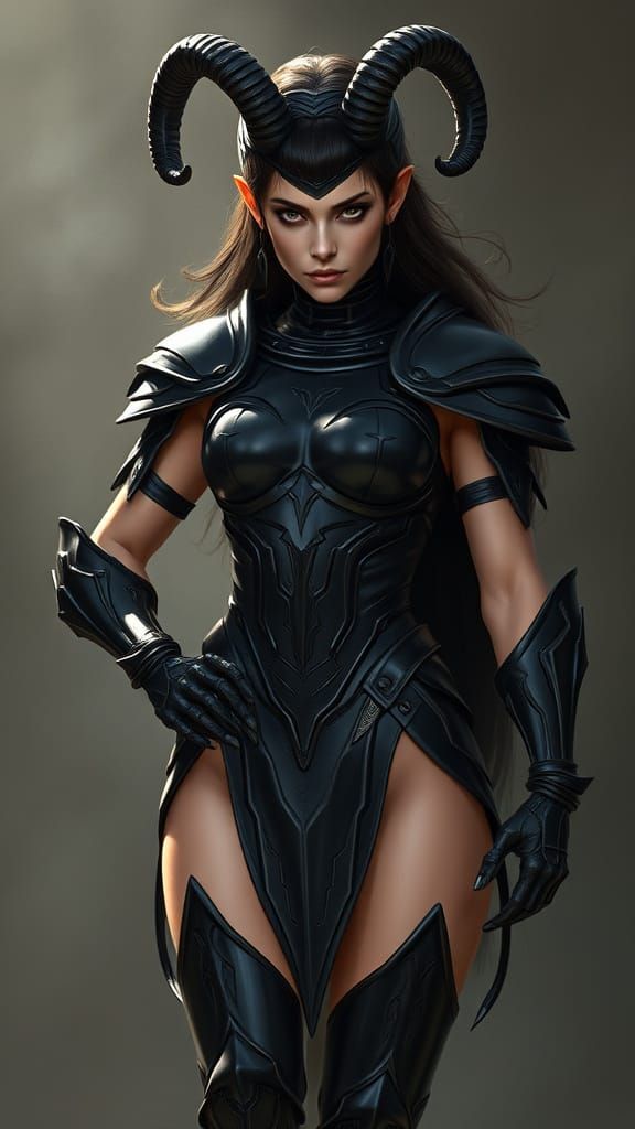 Confident Female Satyr in Black Armor