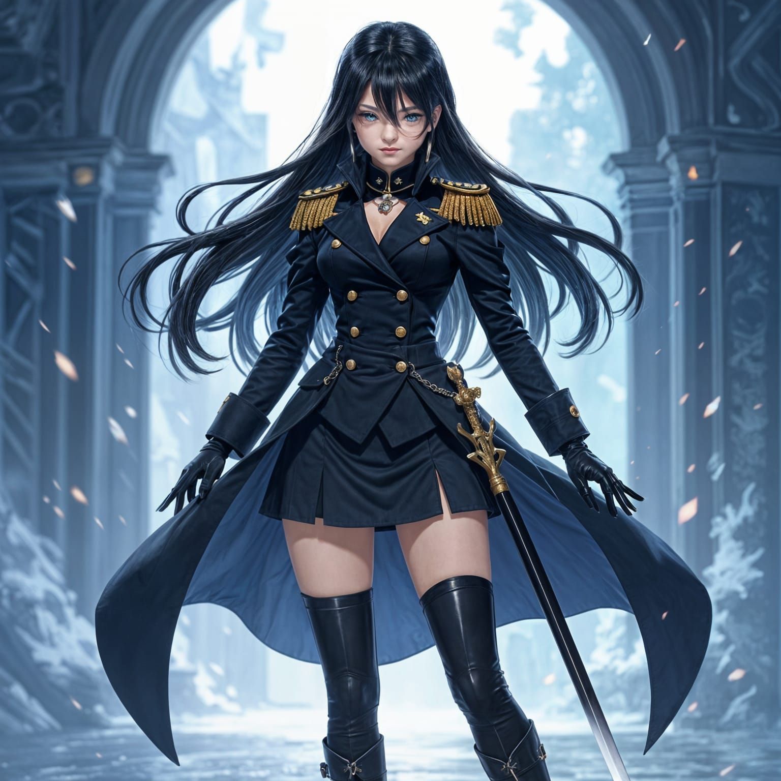 Anime Female Admiral in Black Uniform with Sword