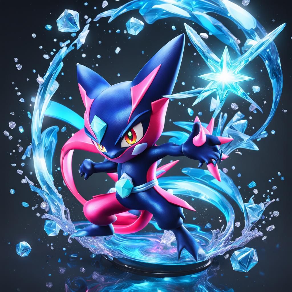 Greninja from Pokémon using water shuriken 8k resolution concept art sparkling water luminous glow crystals  hyperdetail...