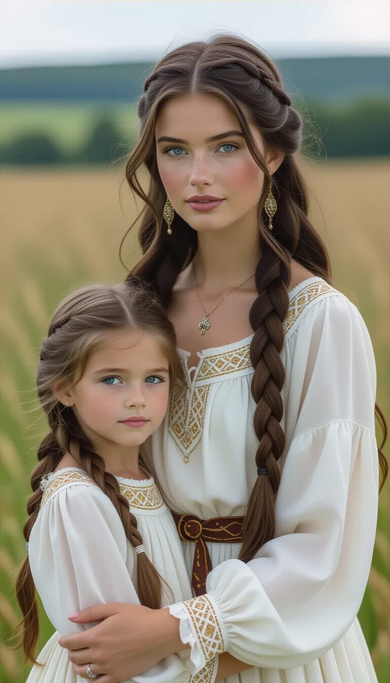 Medieval Mother and Daughter in Pre-Raphaelite Style