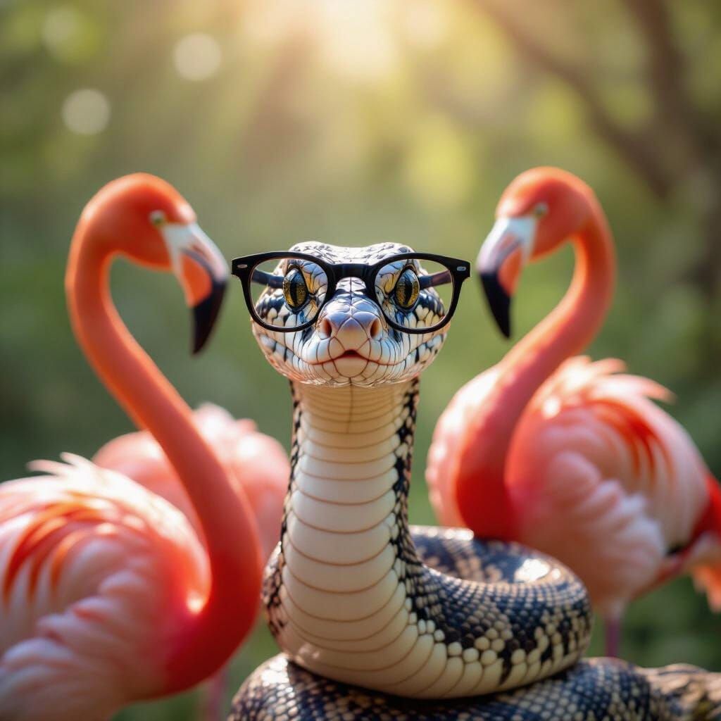 Snake in Glasses with Flamingos: Photorealistic Wildlife