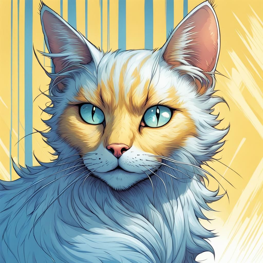 Yellow Cat with Blue Markings in Comic Book Style