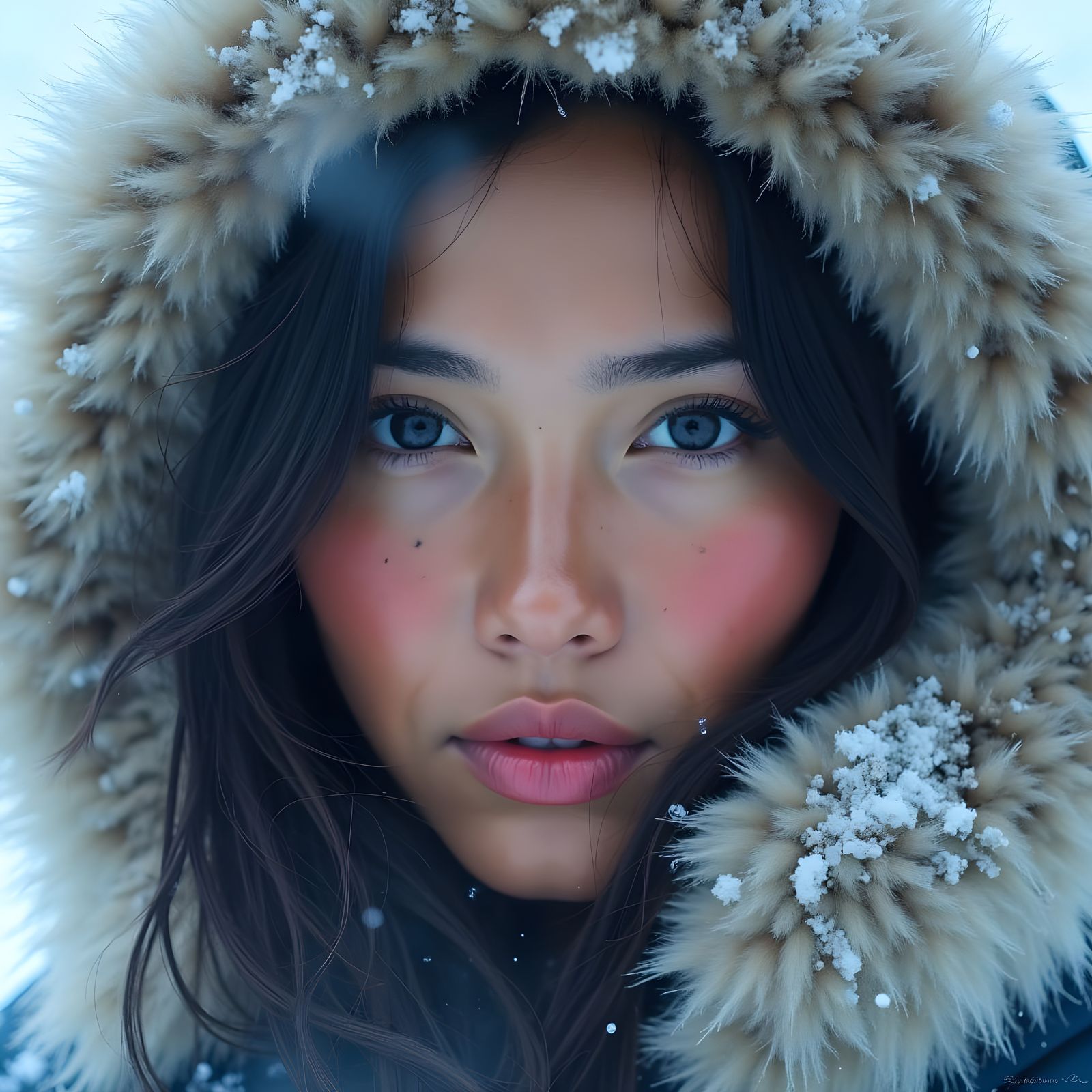 Beautiful Eskimo Woman in Fur Hood with Misty Surroundings