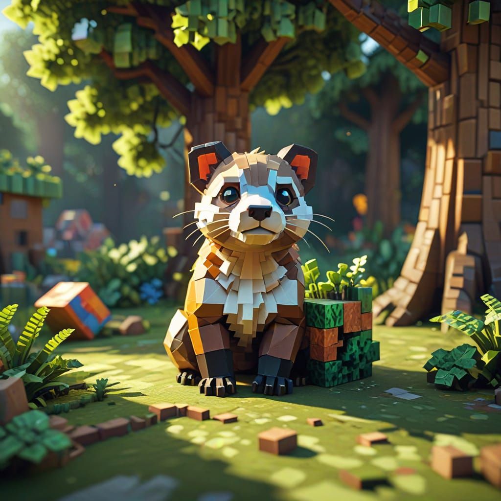Blocky Ferret in Whimsical Forest Landscape