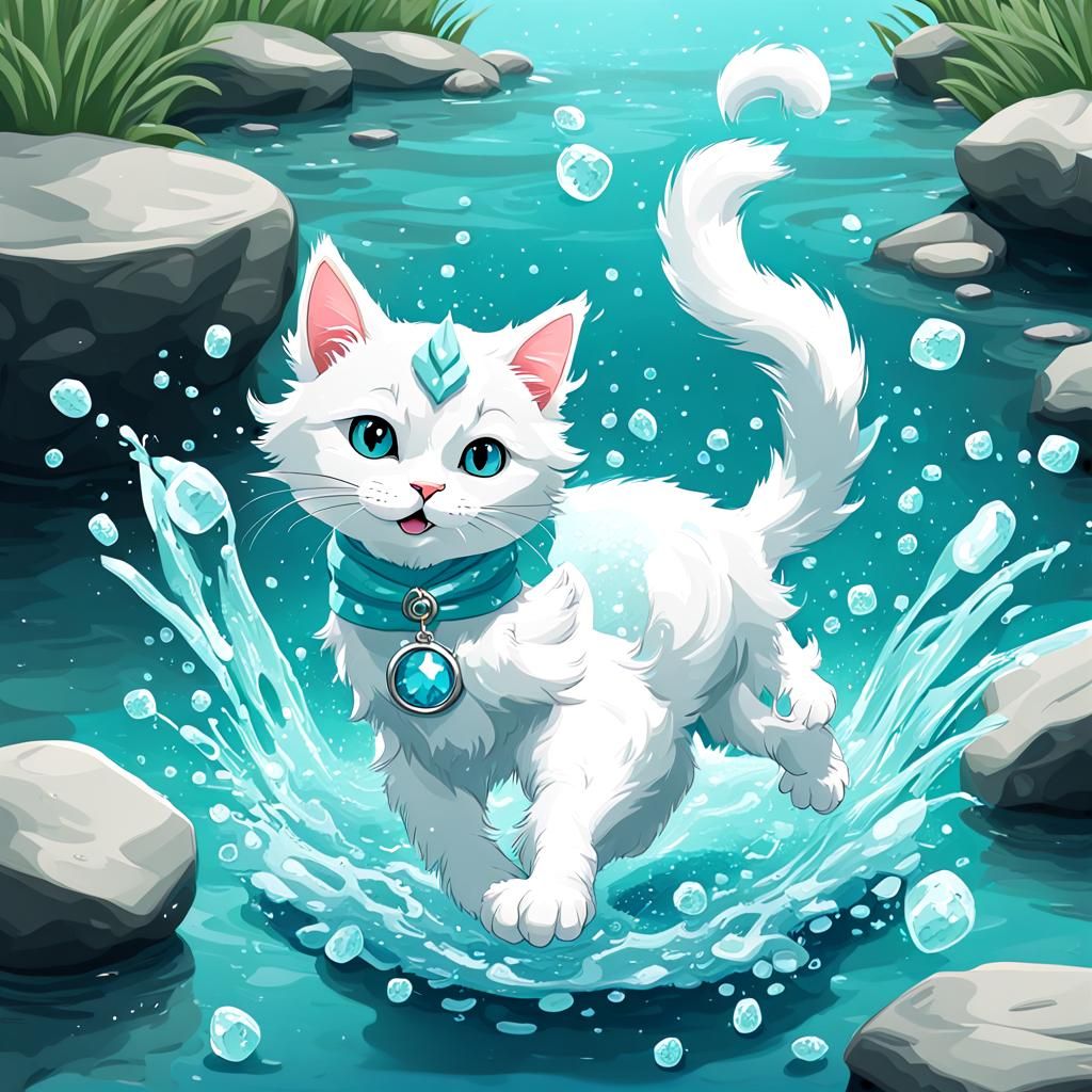 Turquoise Cat Plays in Crystal Stream