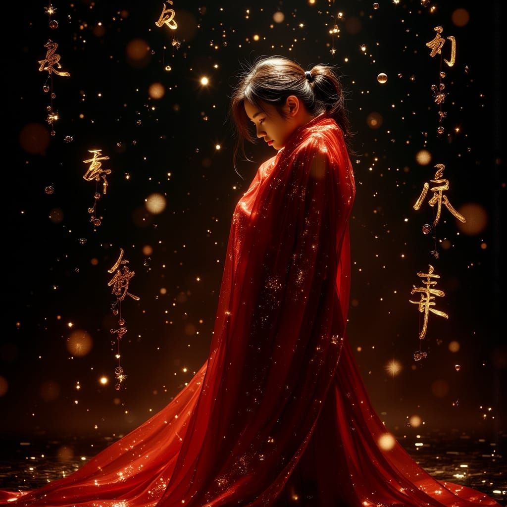 Elegant Korean Woman in Red Cape with Golden Script
