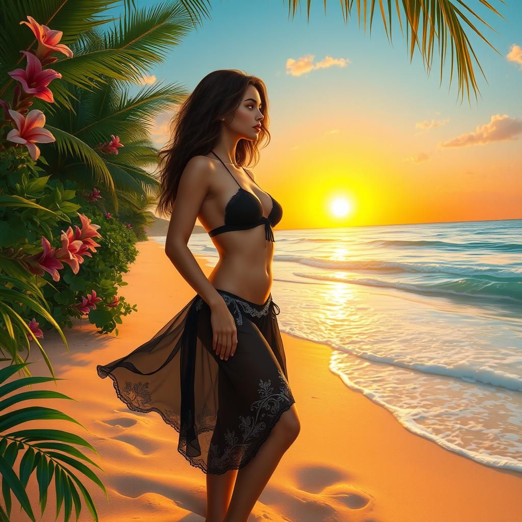 Sunset Beach Scene with Figure in Black Bikini