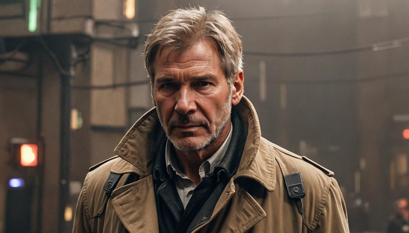Harrison Ford as Rick Deckard in Cyberpunk Los Angeles