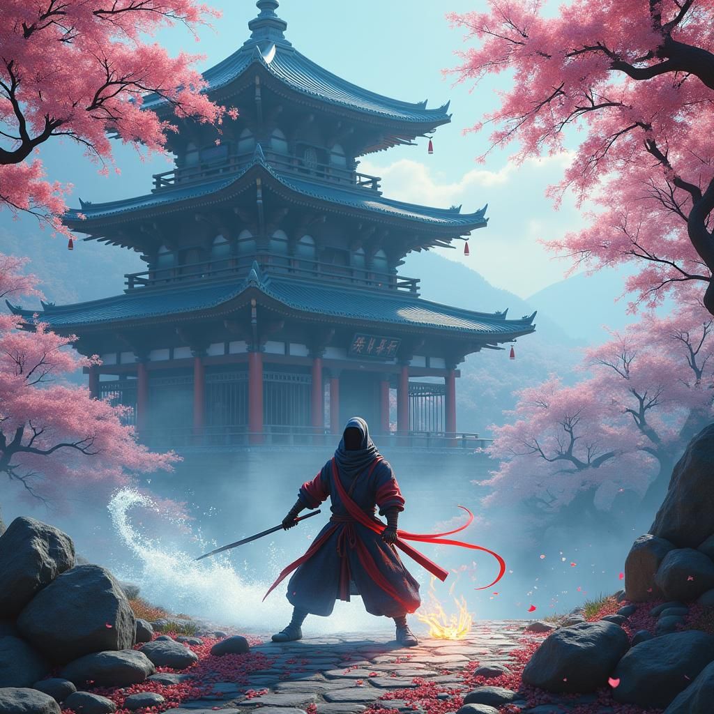 Ninja with Elemental Katana at Ancient Temple