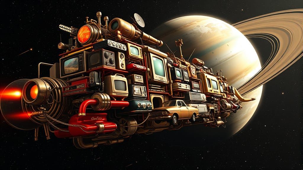 Steampunk Starship Flies By Planet in 3D Render