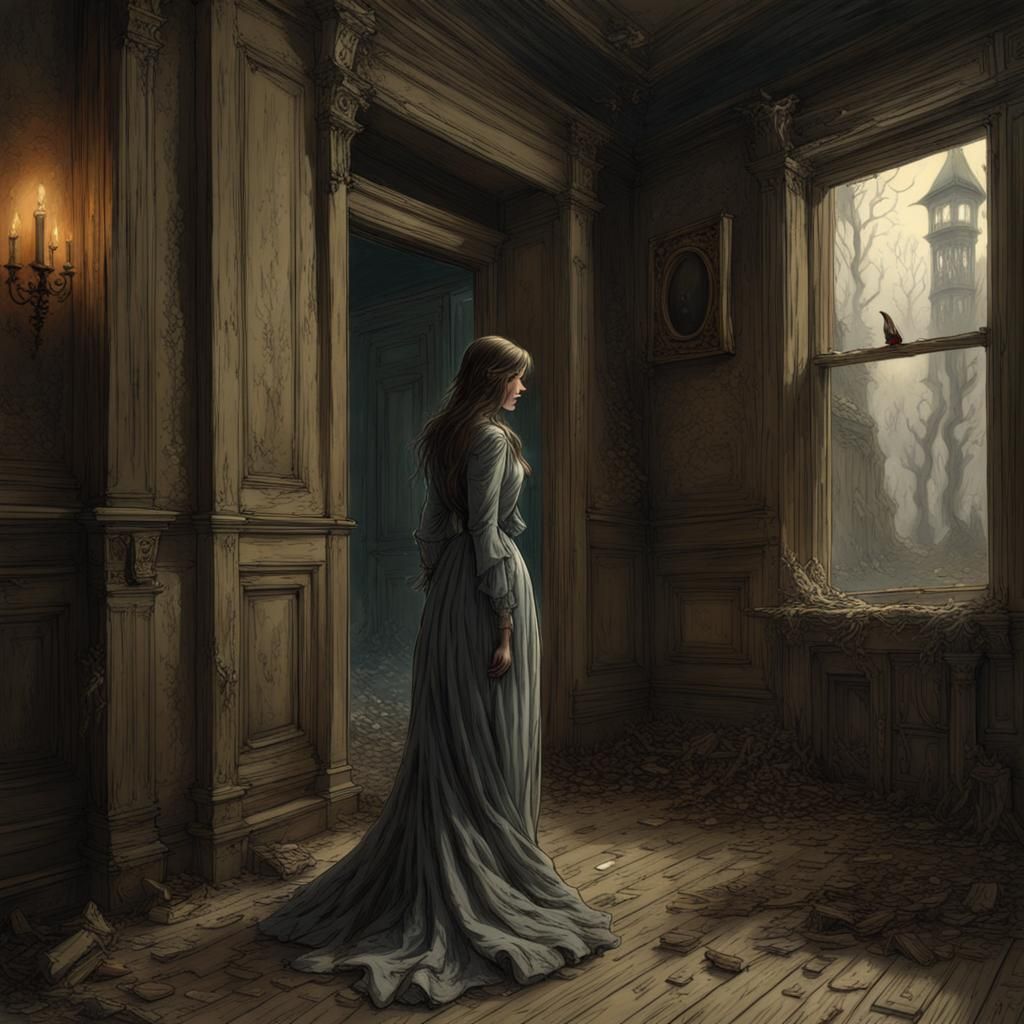 Welcoming Lady in Abandoned Victorian Horror Scene
