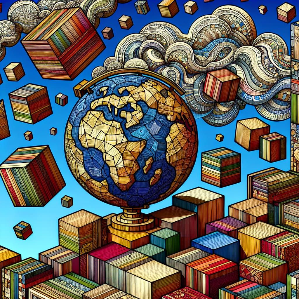 Abstract Cardboard Globe with Floating Boxes