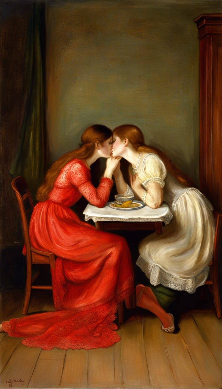 Romantic Kiss: Two Girls in Red Lace, Pre-Raphaelite Style