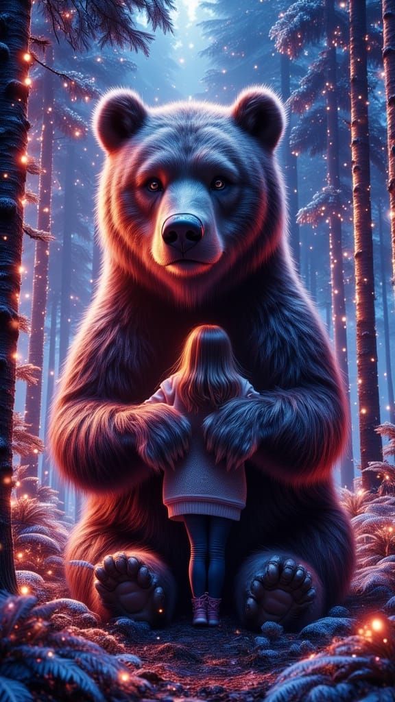 Girl Hugging Bear in Neon Forest