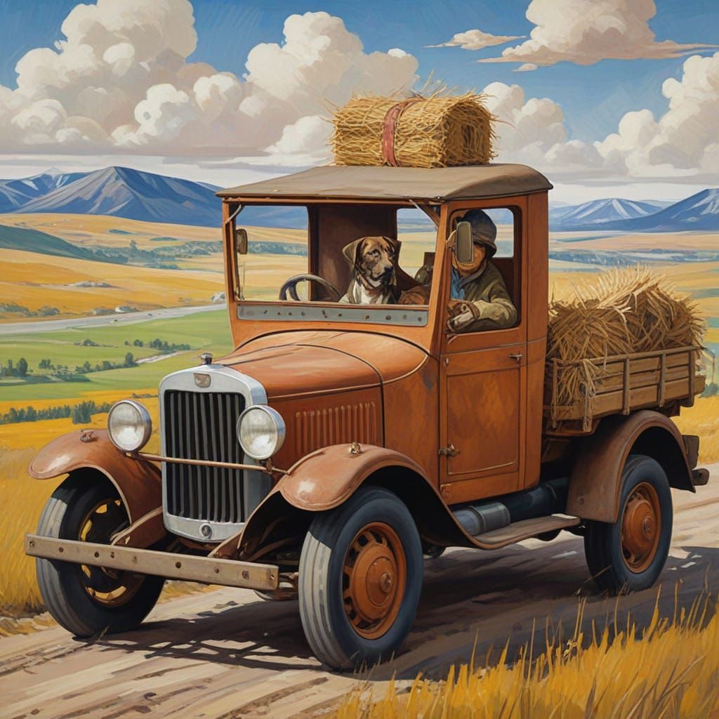 Rustic Canine Driver Explores Rolling Steppe in Vintage Truc...