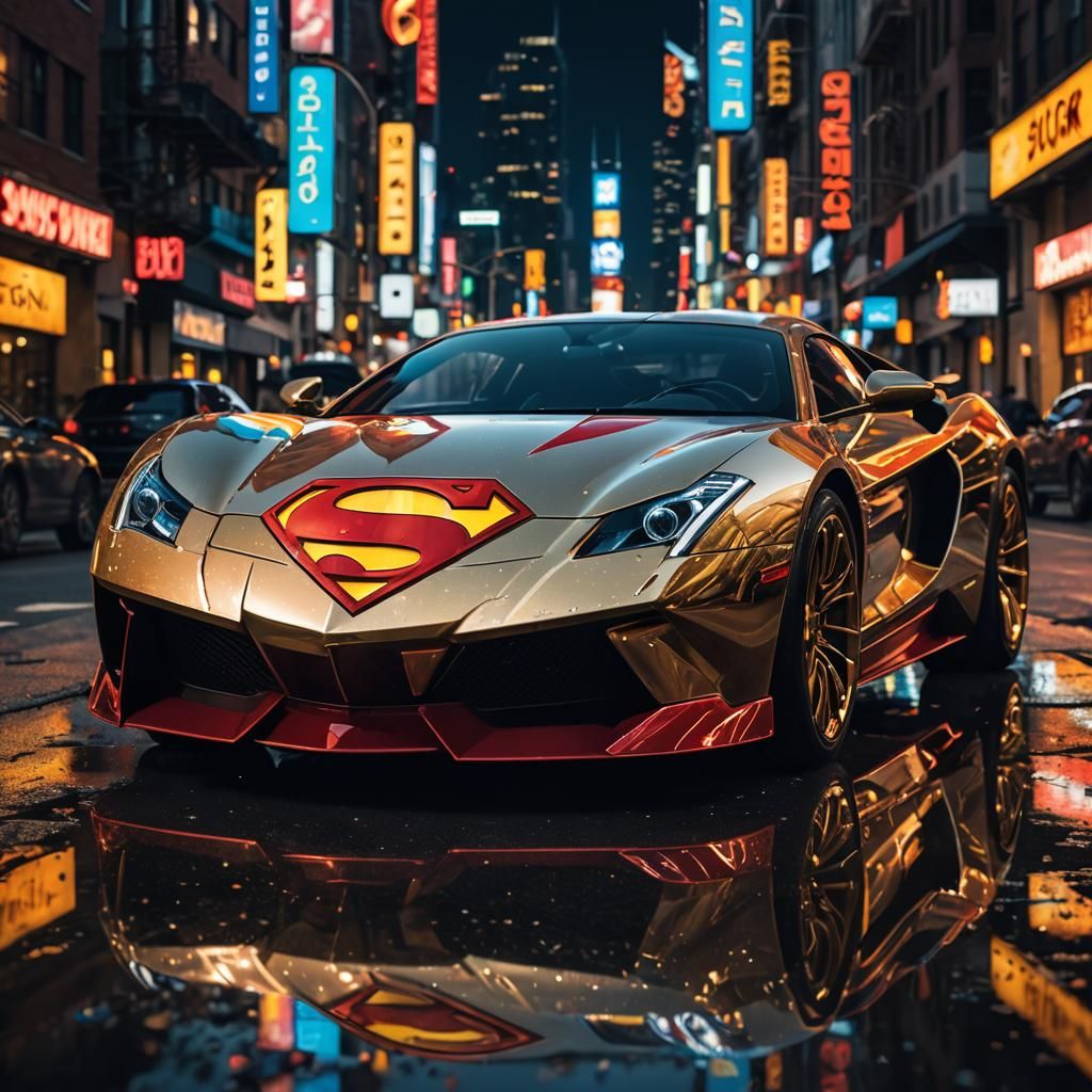 Superman-Inspired Supercar in Cityscape, Digital Art