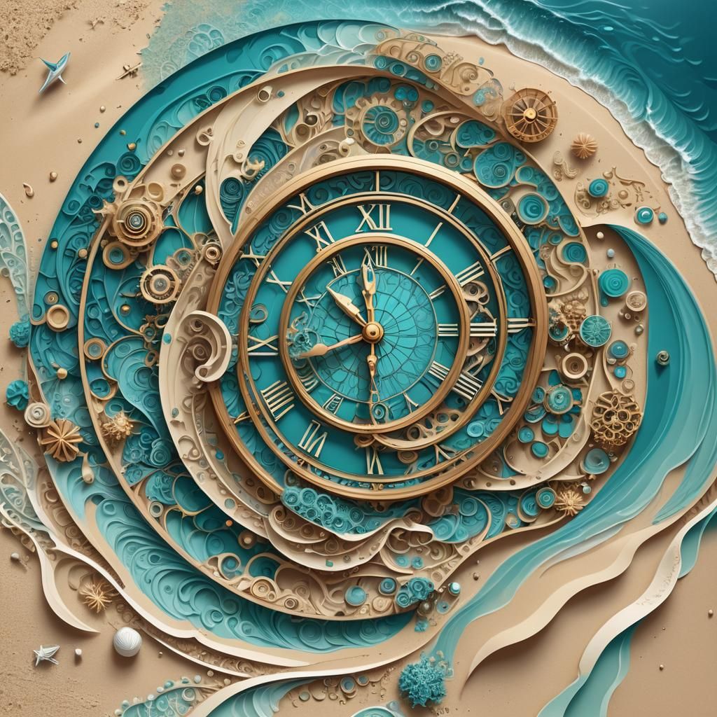 Surreal Seascape: Giant Clock on a Turquoise Beach