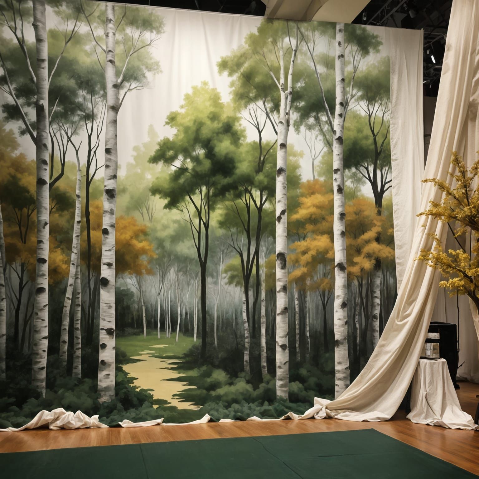 Backstage Theater Scene with Painted Trees