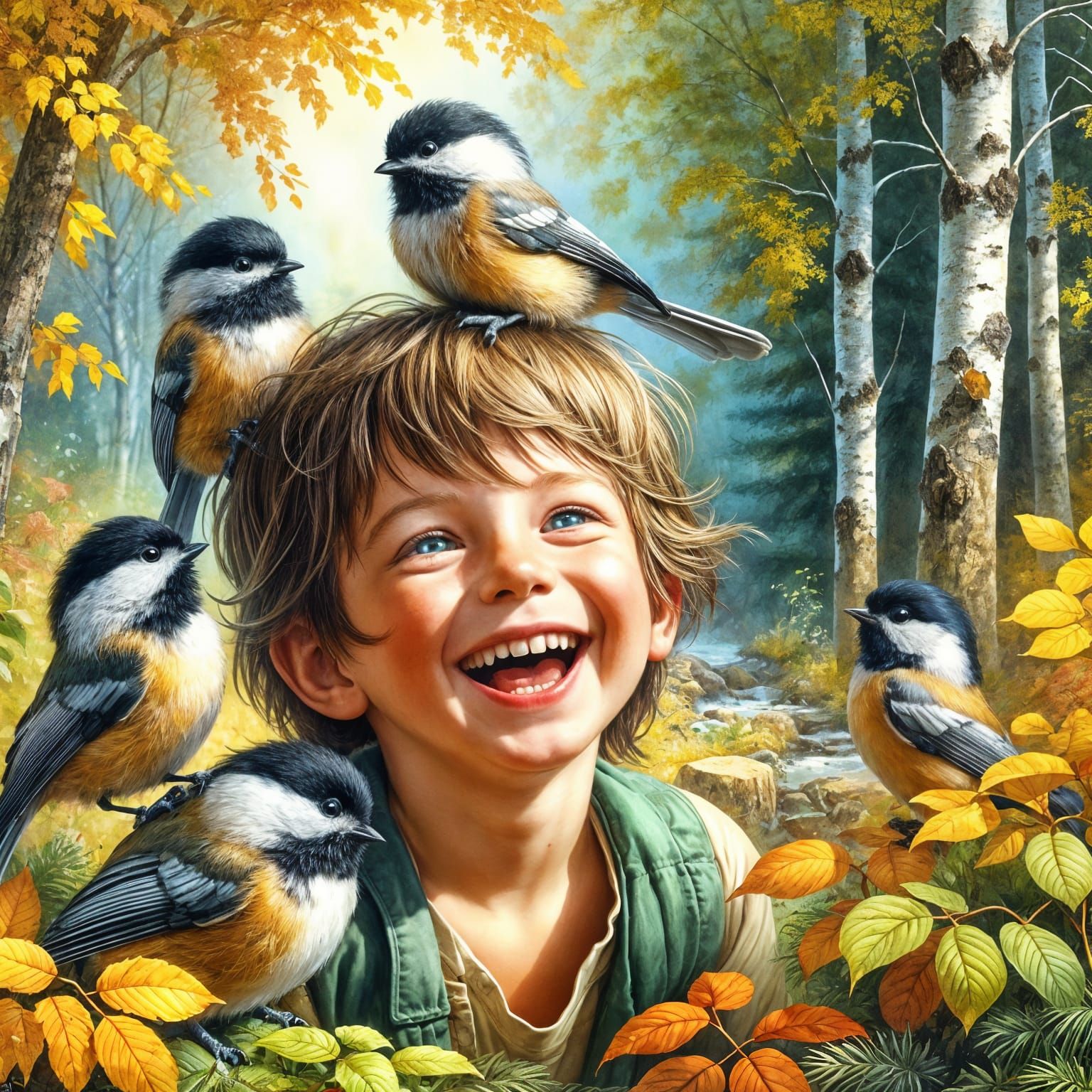 Boy with Chickadees in Autumn Forest Watercolor