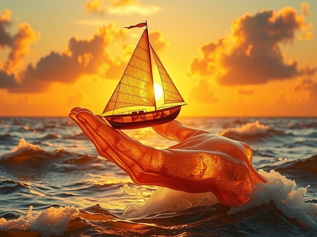 Citrine Sailboat on a Hand, Surreal Seascape