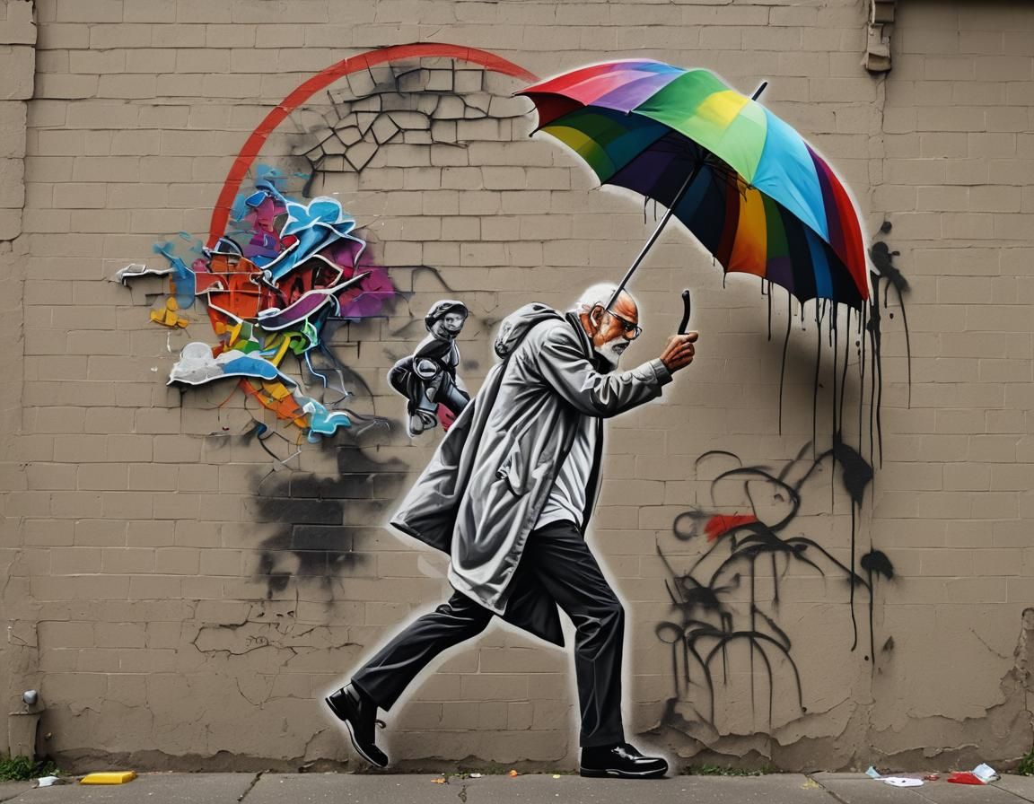 Graffiti Mural: 3D Arm Offers Rainbow Umbrella