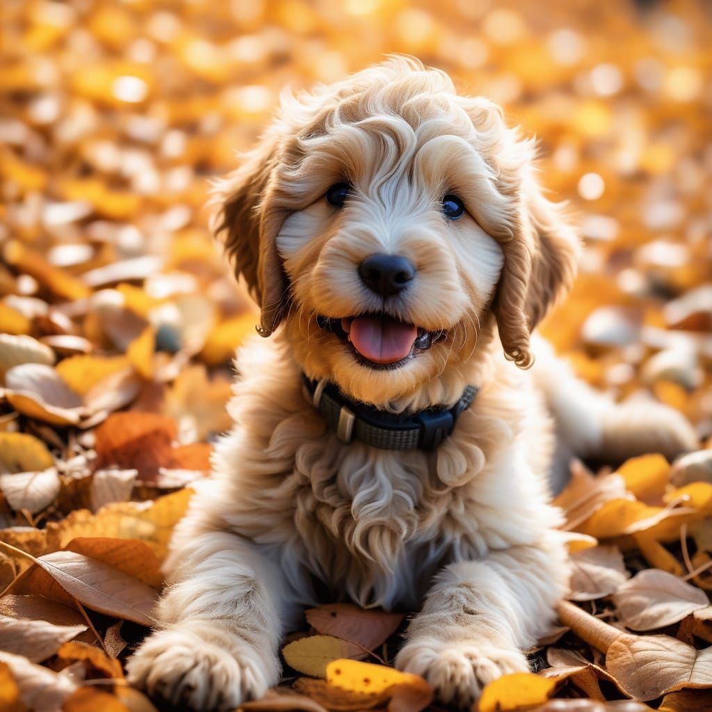 Golden Doodle Puppy Rolling in Autumn Leaves