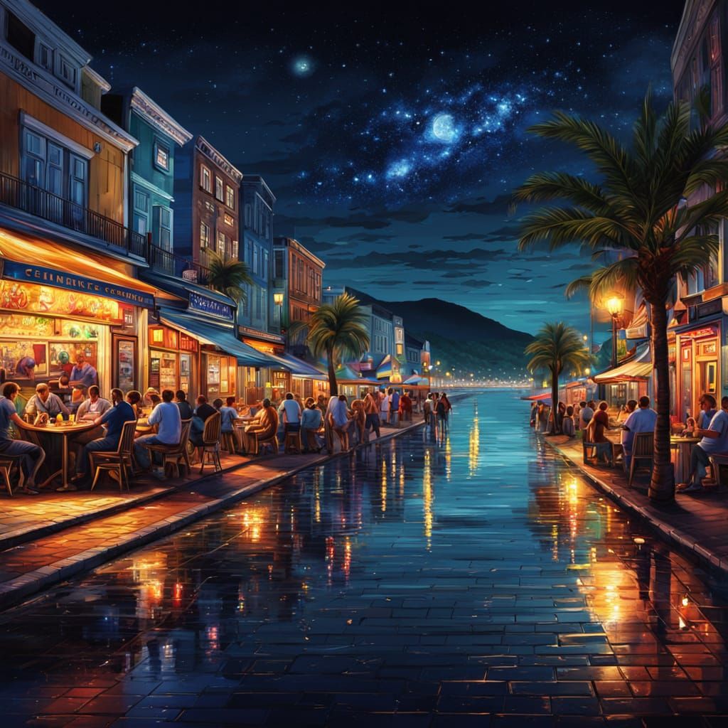 Vibrant Seaside Boulevard at Night