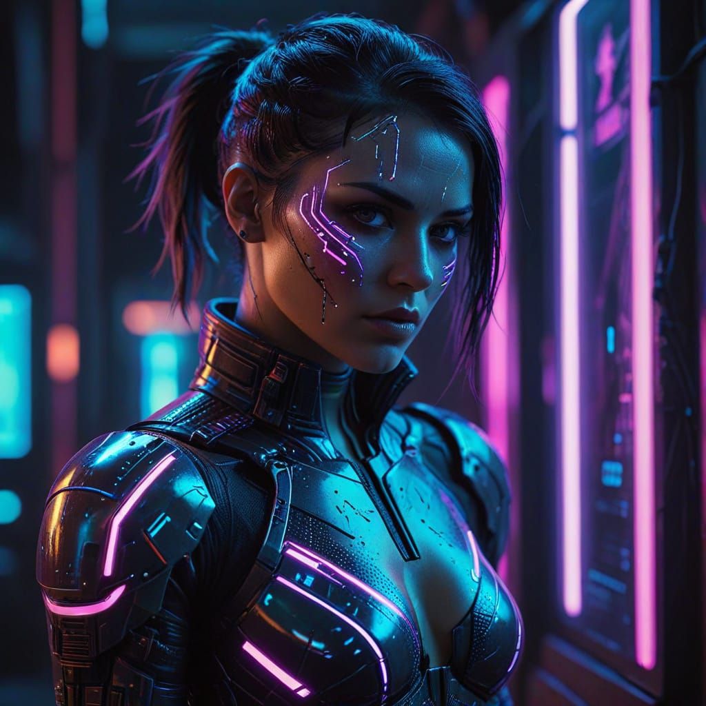 Cyberpunk Amazon Hacker in Neon Data Haven