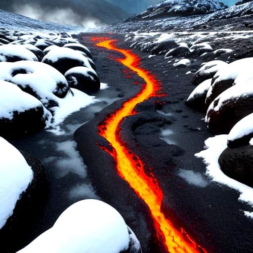 Lava Flows Through Snowy Landscape