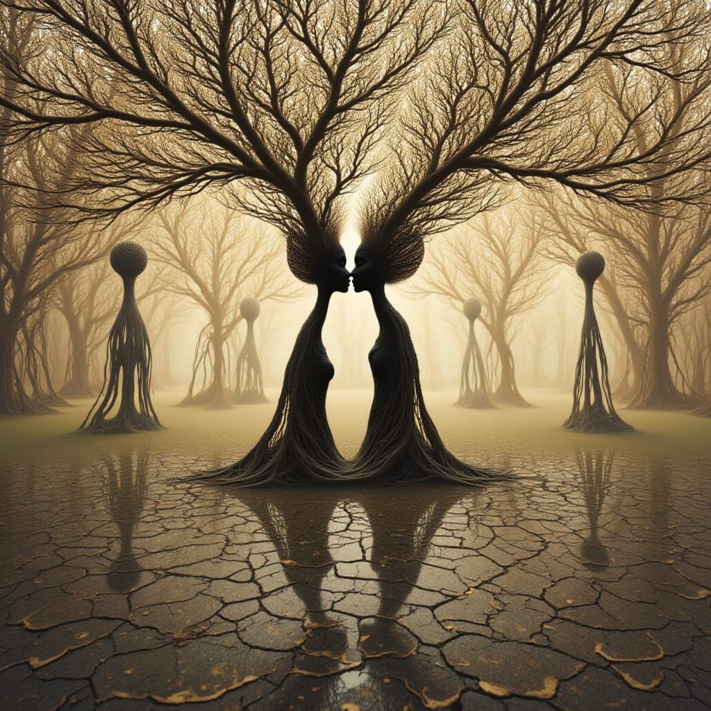 Surreal Double Exposure of Kissing Silhouettes and Lichen Fo...