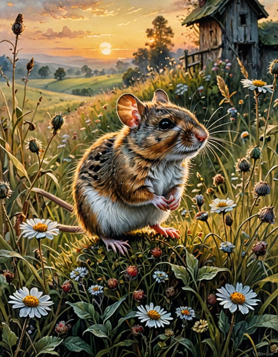 Hyperdetailed Field Mouse in Sunny Meadow as Watercolor