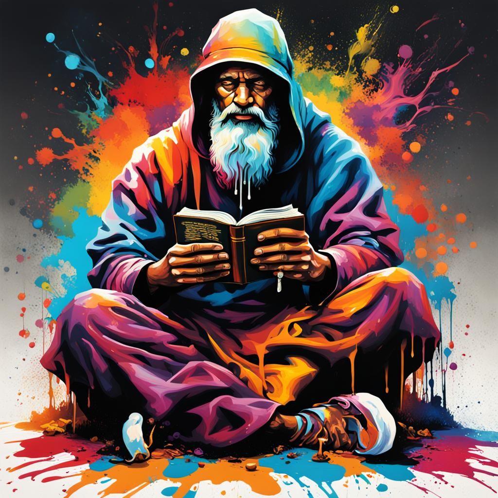 God on Throne with Bible in Graffiti Art