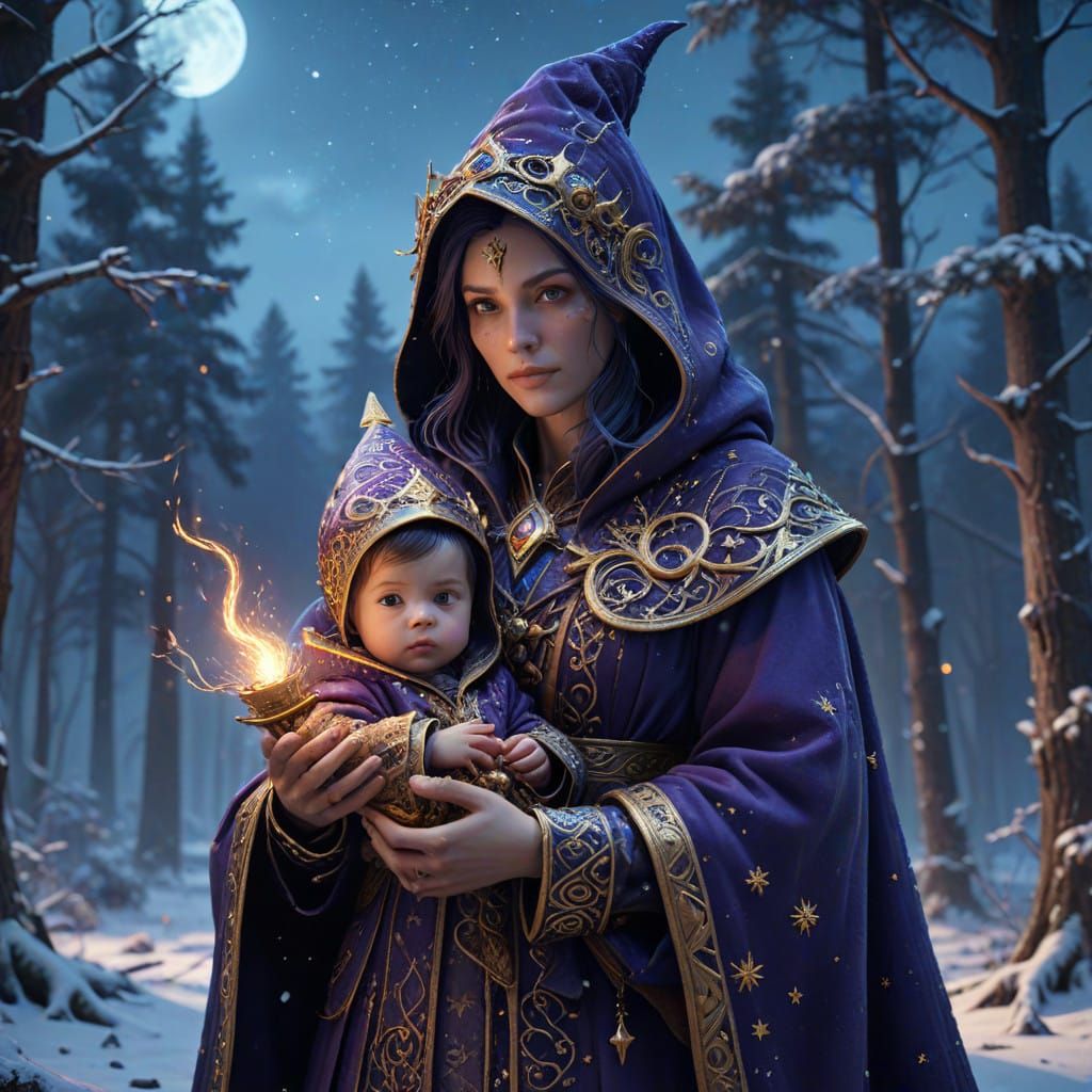 Enchanted Winter Sorceress with Baby in Snowy Forest